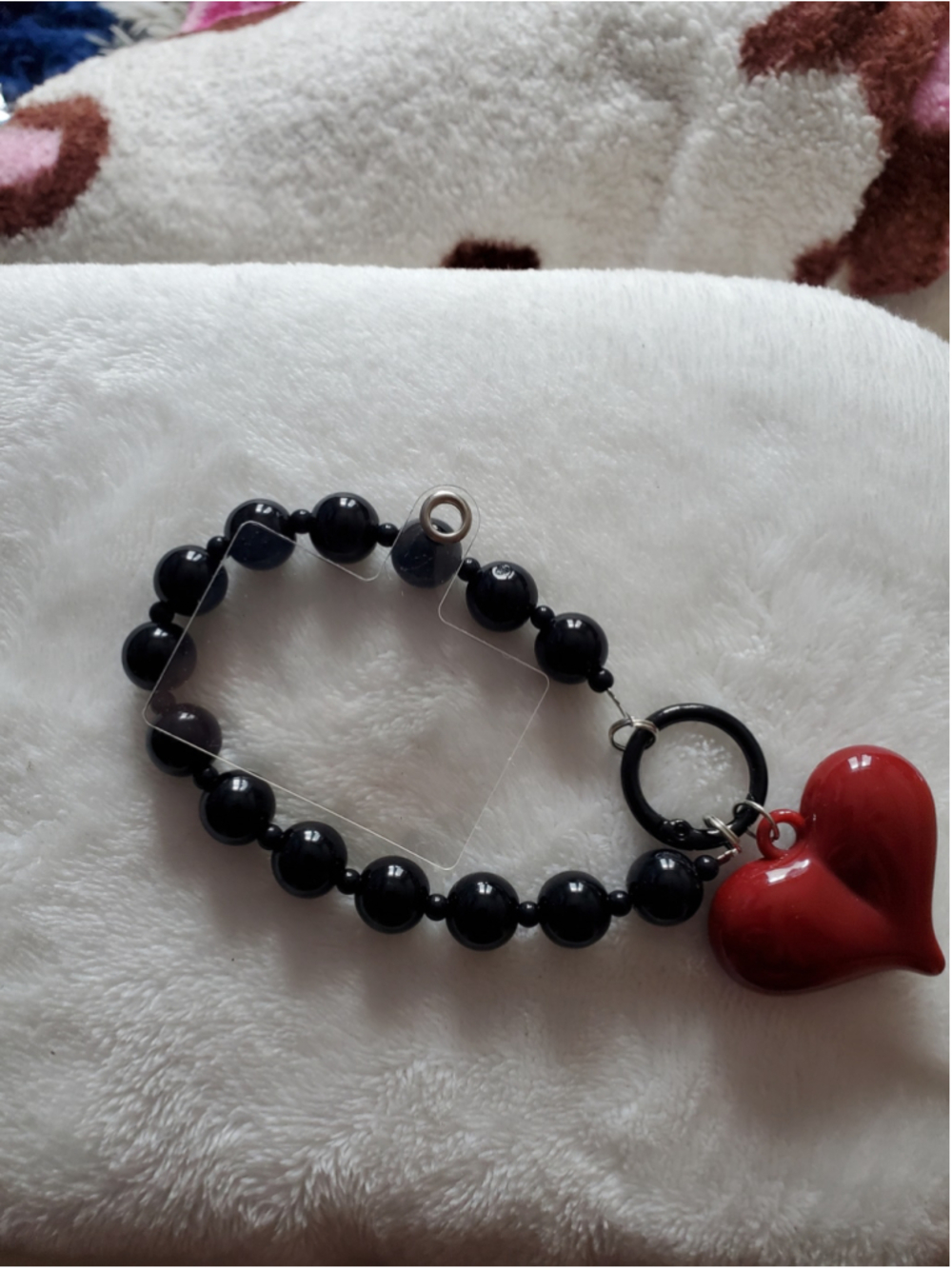 Huge Red Heart and Black Beaded Phone Strap also perfect for Keys, or bags
